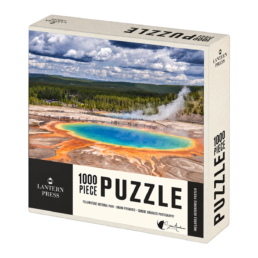Grand Prismatic 1000-piece puzzle box featuring the blue and turquoise spring, orange mineral edges, steam and forest in Yellowstone National Park, Wyoming.