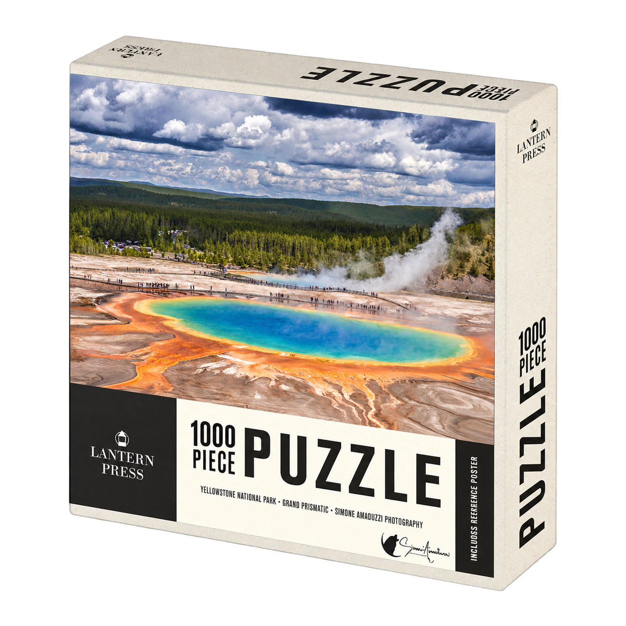 Grand Prismatic 1000-piece puzzle box featuring the blue and turquoise spring, orange mineral edges, steam and forest in Yellowstone National Park, Wyoming.