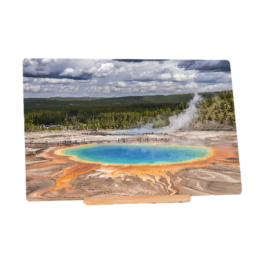Grand Prismatic in Yellowstone National Park on a Desktop Metal print with wooden display base.